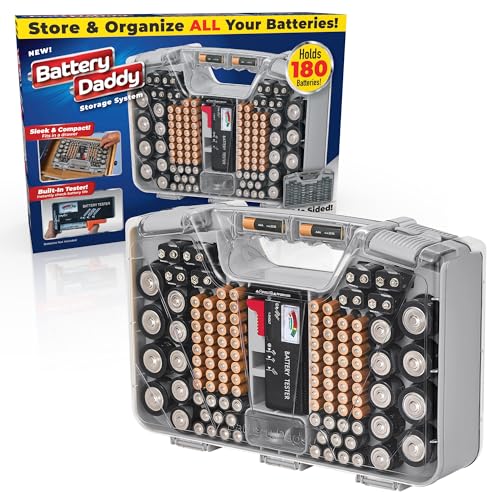 Battery Daddy Storage & Organizer Case w/Tester, Stores & Protects Up to 180 Batteries, Double-Sided, Clear Locking Lid, Secure Latches & Portable Carrying Handle- Warm Grey (Batteries Not Included) - color: Warm Grey, size: Original - 180 Batteries
