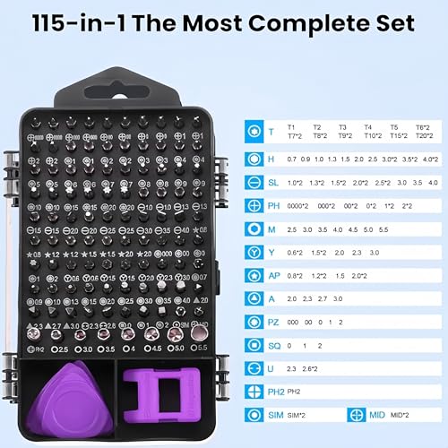 115-in-1 Precision Screwdriver Sets, Professional Repair Tool Kit with Flat Head & Multiple Bits for Electronics, Phone, Watch, Automotive Maintenance - Magnetic, Non-Slip Handle & Tweezers(Purple)