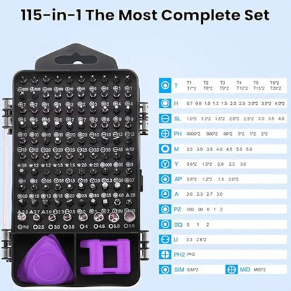 115-in-1 Precision Screwdriver Sets, Professional Repair Tool Kit with Flat Head & Multiple Bits for Electronics, Phone, Watch, Automotive Maintenance - Magnetic, Non-Slip Handle & Tweezers(Purple)