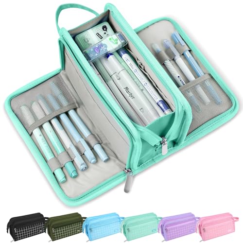 Sooez Big Pencil Case, Pencil Pouch, Pencil Bag, Pencil Box,Celadon & Plaid - color: Celadon with Plaid