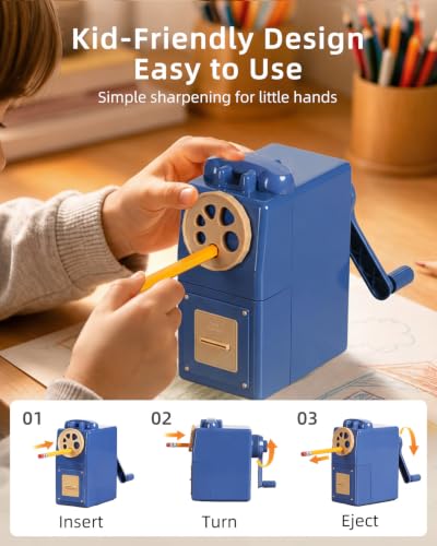 ZMOL Heavy Duty Manual Hand Crank Pencil Sharpener, Desktop, Blue - color: Blue