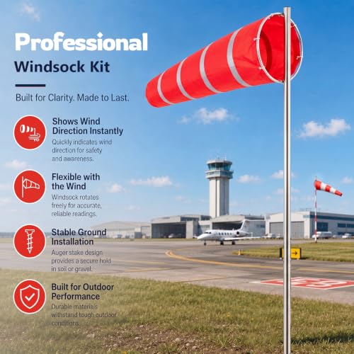 Leinuosen 8" x 60" Airport Windsock Kit Heavy Duty Aviation Grade Wind Sock Pole Kit with Swivel, Detachable Pole and Ground Stake, Assembly Height 10 ft for Aviation Industrial Agricultural Outdoor