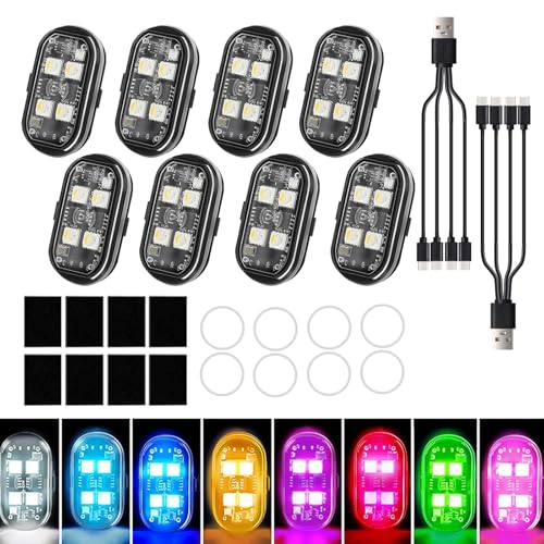 8PCS Wireless Led Strobe Lights for Car, USB Type C Rechargeable Flashing Light, Remote Control Strobe Lights for Truck Drone Aircraft Bike Motorcycle, 8 Colors Emergency Strobe Warning Light
