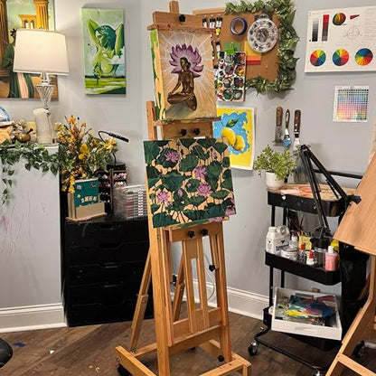 PHOENIX Versatile Studio H-Frame Easel Solid Beech Wood Artist Stand with Locking Caster Wheels- Adjustable Angle & Height – Heavy Duty Large Canvas Holder with Storage Tray for Professional Artists