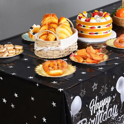 Breling 3 Pack Happy Birthday Tablecloths Decoration, Black Silver - color: Black Silver
