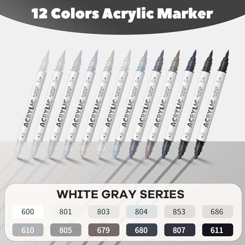 White Gray Acrylic Paint Pens, Water Based 12 Colors Dual Tip - color: White Gray Series