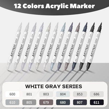 White Gray Acrylic Paint Pens, Water Based 12 Colors Dual Tip - color: White Gray Series