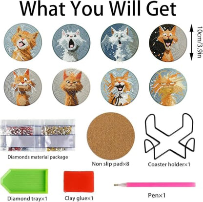 8 PCS Diamond Art Coasters Kit for Adults,Fun Cat Diamond Painting Coasters - color: Cat-1