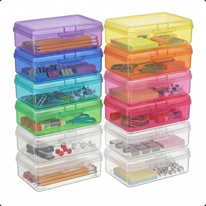 novelinks 5x8 Inch Plastic Pencil Box, Small Clear Storage Bins with Lids - size: 12 Pack