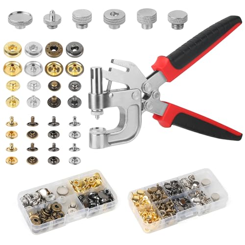 Leather Rivets Snap Buttons and Fasteners Kit - 40 Set 15MM Button Snap & 160 Set Rivets with Tool for Leather - 4 Colors Metal Snaps Rivet for Fabric Repair and Crafts, Jeans Wears, Jackets