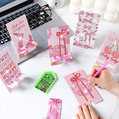 Saillong 6 Pcs Pink Bow Diamond Art Phone Stand, Full Drill DIY Holder - style: Pink Bow