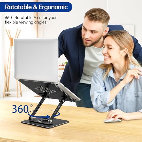 BESIGN Laptop Stand with 360° Rotating Base, Ergonomic Adjustable Notebook Riser, Foldable Computer Holder Compatible with 10-14" Laptops, LS11 Black - color: F-Dark Black-360°