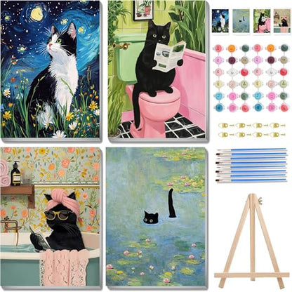 4 Pack Black Cat Paint by Numbers Kit for Adults Beginner with Framed - color: Paint by Number-4pack-17