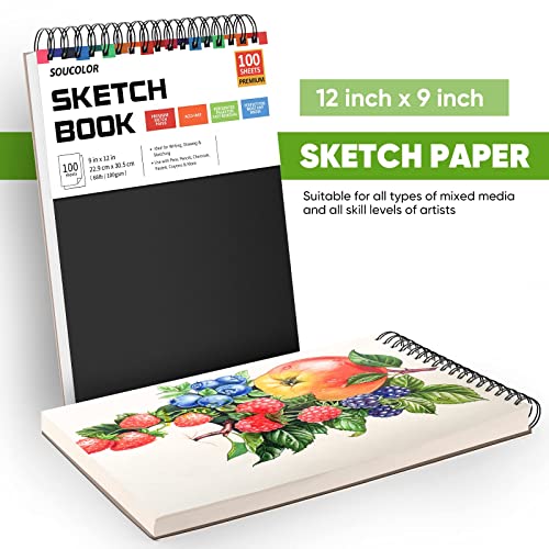Soucolor Artist 9x12 Sketch Book Set, 4 Pack 400-Sheet Spiral Drawing Pads - color: Black, size: 9" x 12" (Pack of 4)