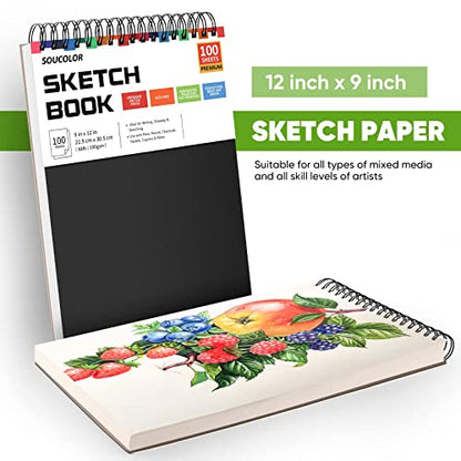 Soucolor Artist 9x12 Sketch Book Set, 4 Pack 400-Sheet Spiral Drawing Pads - color: Black, size: 9" x 12" (Pack of 4)