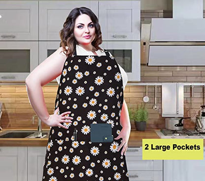 Plus Size Adjustable Bib Apron Water Resistant Canvas Extra Wide Long Ties Aprons with 2 Pockets Kitchen Cooking Gardening - color: Daisy