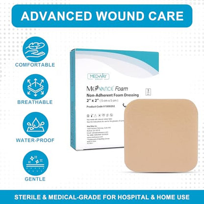 MedVance Waterproof Non-Adhesive Foam Dressing w/o Border, 2"x2", Box of 5 - size: 2"x2" Standard 5 Pack