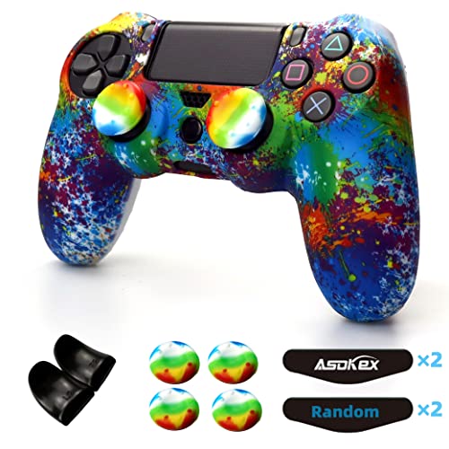 Silicone Skin Cover for Ps4 Controller (1pc Anti-Slip, 1 Pair L2 R2 Trigger Extender, 4pcs Thumb Grips,4pcs LED Light Bar Decal) Protector for DualShock PS4/ Slim/Pro Controller - color: Splashing graffiti