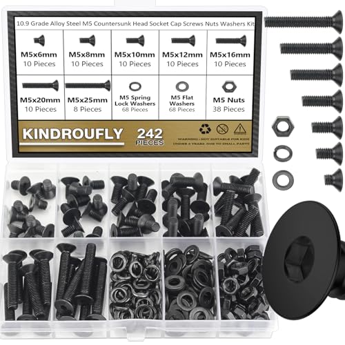 242 Pieces Black M5 x 6/8 /10/12 /16/20 /25mm Countersunk Head Socket Cap Screws Nuts Washers Assortment Kit, 10.9 Grade Alloy Steel - size: M5, style: Countersunk Head