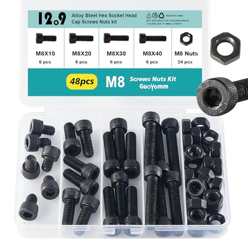 M8 x 10mm 20mm 30mm 40mm Hex Socket Head Cap Screws Bolts and Nuts, 12.9 Grade Alloy Steel, Black Oxide Finish, Metric Allen Drive, Fully Thread, Assortment Kit 48PCS - size: Socket M8x10-40mm+Nuts