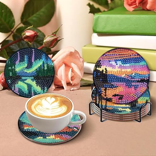 askkqtx 8 Pcs Aurora Diamond Art Coasters Kits with Holder 4X4 Inch - color: Coasters-jxbd18