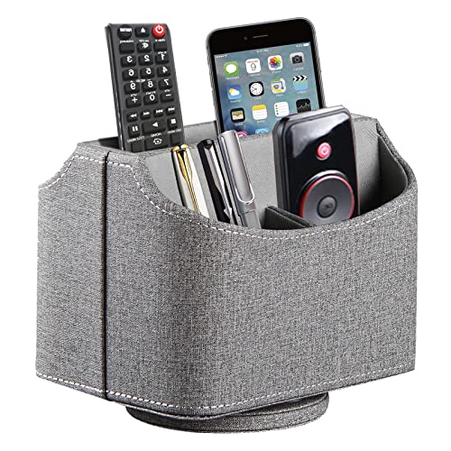Leather Remote Control Holder 360 Degree Spinning, Desk Organizer for TV Remote Controllers, Caddy,Pen,Calculator,Media Player Storage box (Grey) - color: Grey