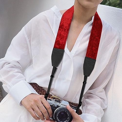 Padwa Lifestyle Velvet Camera Strap - 2" Double Layer Full Grain Cowhide Leather Head Camera Straps for Photographers,Unique Soft Velvet Fabric with Quick Release fits all Cameras - Ruby Red - color: Red Ruby