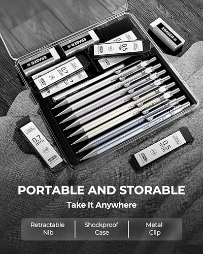 Metal Mechanical Pencil Set, 0.5/0.7mm, 8-Pack with Case, Two Sizes - style: 8PCS 0.5 +0.7 mm