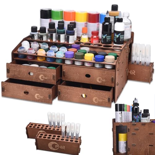 OPHIR Paint Organizer Rack, Wooden Paint Holder with 48 Holes & 4 Drawers