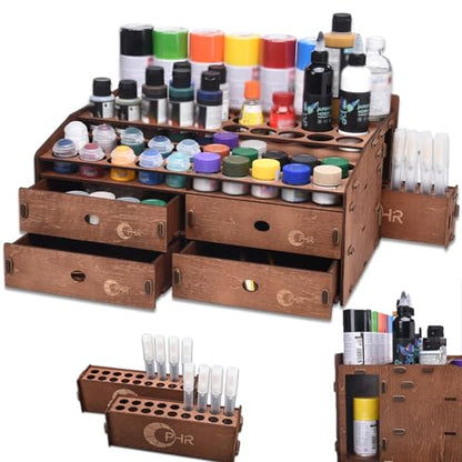 OPHIR Paint Organizer Rack, Wooden Paint Holder with 48 Holes & 4 Drawers