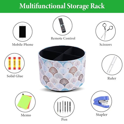 Round Leather Art Supply Organizer,Remote Control Holder,360-degree Rotating Pen Organizer with 4 Compartments(1-Peacock White) - color: 1-5Peacock White