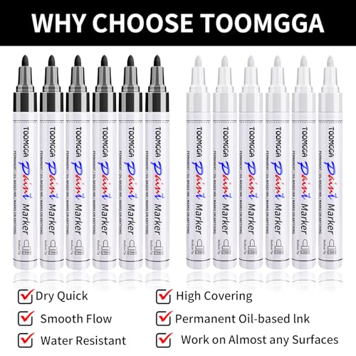 TOOMGGA 12 White and Black Permanent Markers Paint Pens, Oil Based Medium - color: Balck&White