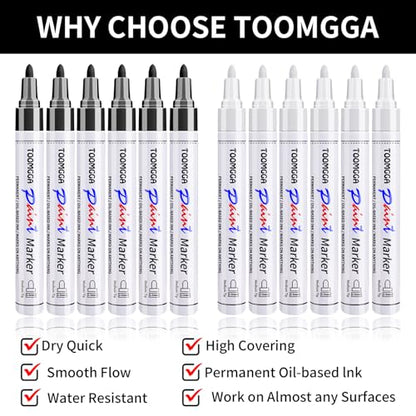 TOOMGGA 12 White and Black Permanent Markers Paint Pens, Oil Based Medium - color: Balck&White