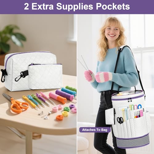 Crochet Yarn Knitting Bag 3PCS Expandable Large Yarn Storage Organizer Bag - color: Off-white