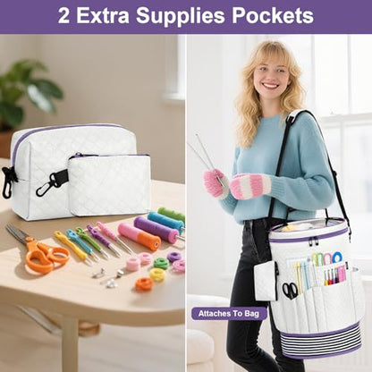 Crochet Yarn Knitting Bag 3PCS Expandable Large Yarn Storage Organizer Bag - color: Off-white