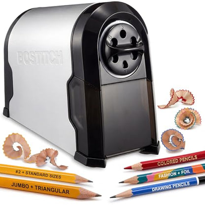 Bostitch Office SuperPro Glow Electric Pencil Sharpener, Sharpens Standard & Colored Pencils, Heavy Duty Commercial Classroom, Replaceable Cutter Cartridge System, 6-Hole, Silver/Black