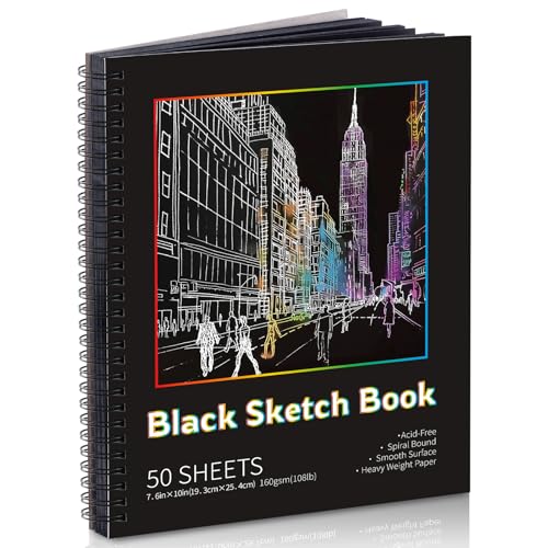 Black Paper Sketchbook, 7.6 × 10 in, 50 Sheets, Spiral Hardcover - size: 7.6×10 Inch (1 Pack )