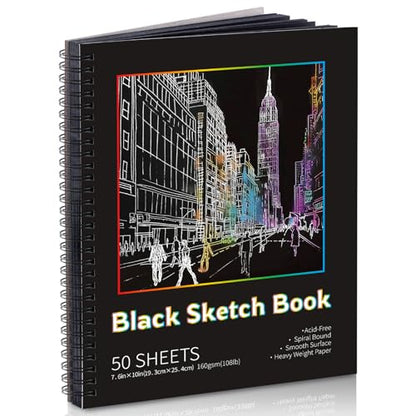 Black Paper Sketchbook, 7.6 × 10 in, 50 Sheets, Spiral Hardcover - size: 7.6×10 Inch (1 Pack )