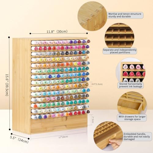 AUTOARK Natural Bamboo Marker Organizer with Drawer, AHK-065 - size: 182 Markers