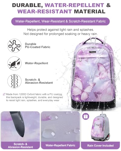 NEW TILAMI 19 Inch Rolling Backpack for School Stair-Climbing Big Wheel - color: Purple Butterfly