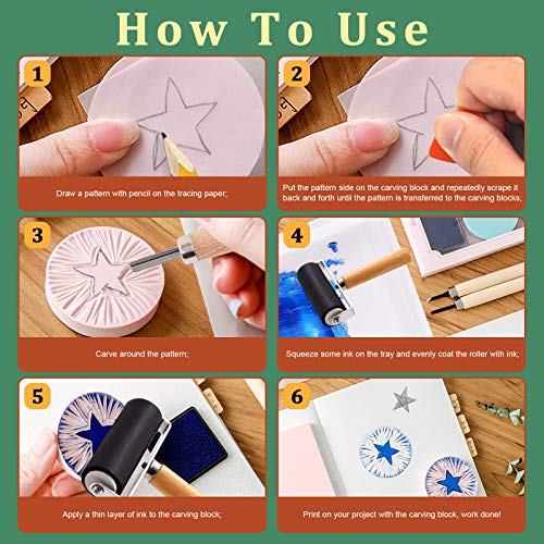 Keadic 41 Pieces Rubber Stamp Making Kit, Includes 2 Rubber Stamps Carving Blocks, 3 Carving Tools & Whetstone, Tracing Papers, Brayer Roller, Block Printing Tools for Stamp Carving and Printmaking