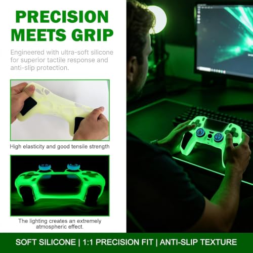 2 Pack Glow in The Dark Green PS5 Controller Skin,Include 4 Pcs Thumb Grips Glow Accessories. (2 Pack Glow Green Black) - color: 2 Pack Glow Green Black