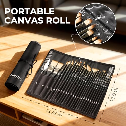 Nicpro 26pcs Professional Paint Brush Set with Palette Knife & Canvas Roll - color: Black