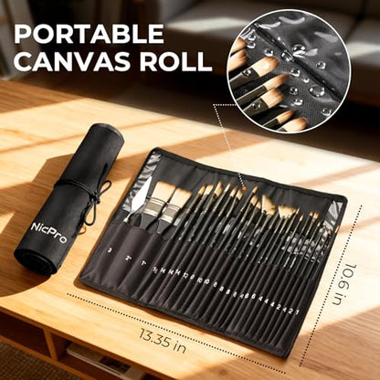 Nicpro 26pcs Professional Paint Brush Set with Palette Knife & Canvas Roll - color: Black