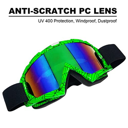 Dirt Bike Goggles for Motorcycle, ATV, Motocross, Riding, Offroad - Adult, Men, Women, Youth, Kids - color: Spider Green Frame+color Lens