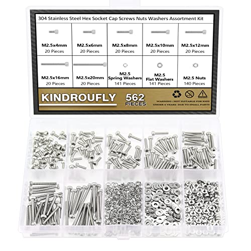 562 Pieces M2.5 x 4/6 /8/10 /12/16 /20mm Hex Socket Head Cap Screws Nuts Washers Assortment Kit, 304 Stainless Steel, Fully Machine Thread - size: M2.5, style: Socket Head