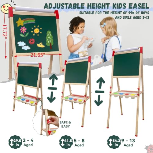 Adjustable Wooden Art Easel for Kids,Double Sided Chalkboard & Whiteboard - color: green