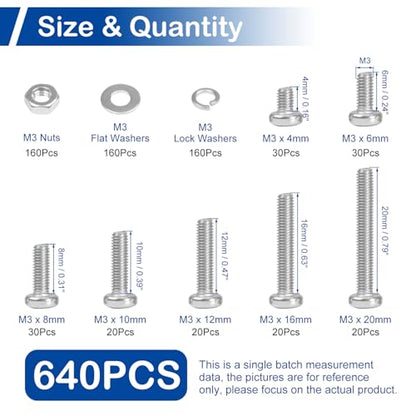 MroMax 640Pcs M3 Phillips Pan Head Machine Screws Kit with Nuts & Washers - size: M3 Assortment Kit