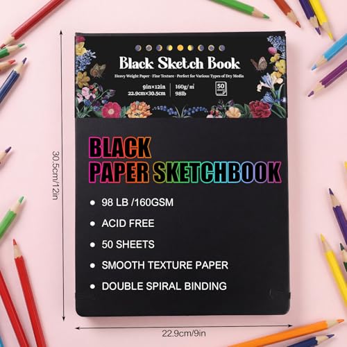 160 GSM Black Paper Sketchbook 9 × 12 in, 50 Sheets Black Paper Notebook - size: 9×12 Inch (1 Pack)