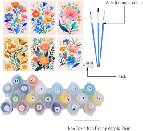 6 Pack Flower Paint by Numbers Kit for Adults on Canvas Without Frame - color: 6 Pack Flower